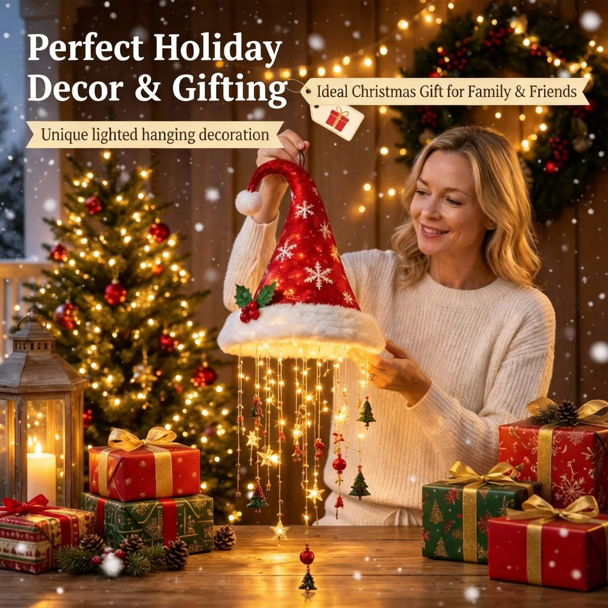 🎅✨Light‑Up Santa Hat Hanging Chandelier, Plush Christmas Pendant Light with Hanging Ornaments, Indoor & Covered Porch Holiday Decoration