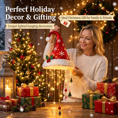 🎅✨Light‑Up Santa Hat Hanging Chandelier, Plush Christmas Pendant Light with Hanging Ornaments, Indoor & Covered Porch Holiday Decoration