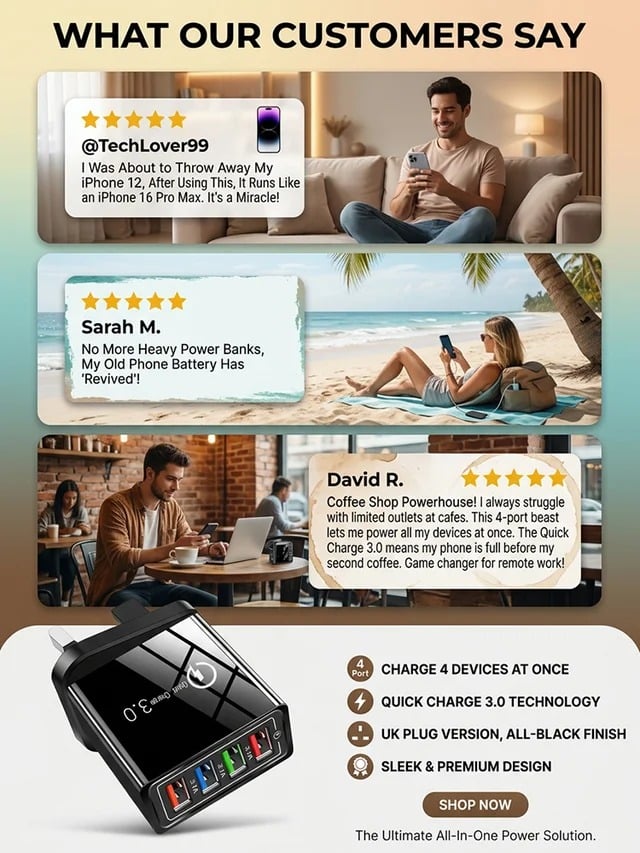 ⚡️Secret to Faster Phone Performance⚡️Four-Port Travel Charger for Extended Phone Battery Life
