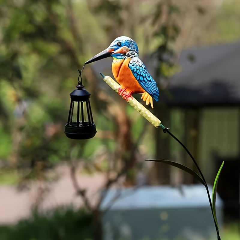 Solar Kingfisher Swaying Reed Garden Stake Light with Hanging Lantern
