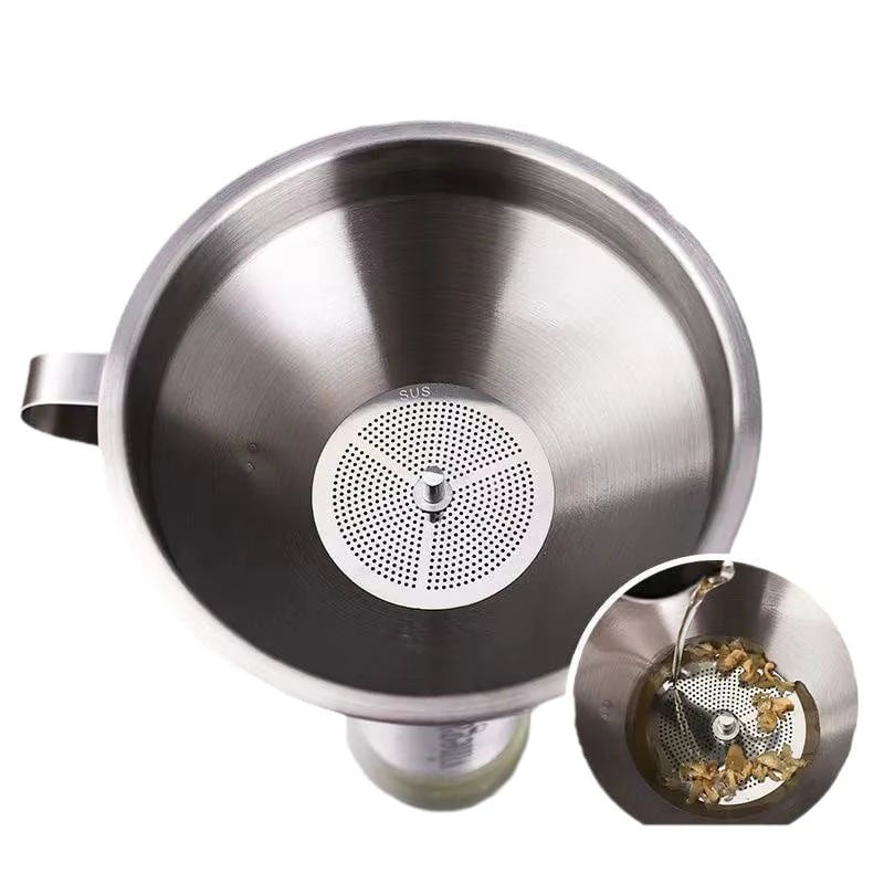🔥Hot Sale 304 Stainless Steel Funnel with Filter Mesh – Kitchen Food Grade Metal Funnel for Oil, Alcohol, Jam & Spice Filling 🥄