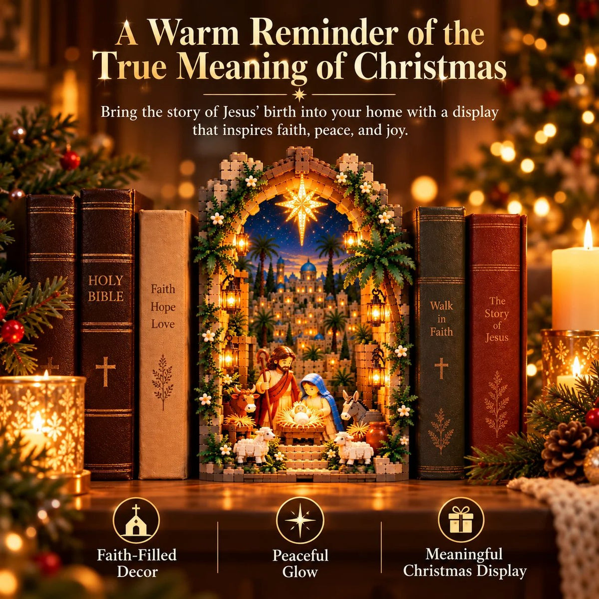 🔥50% Off – ✨ Illuminated 'Book Nook' with the Bethlehem Nativity Scene – Christmas Kit as a Testament of Faith