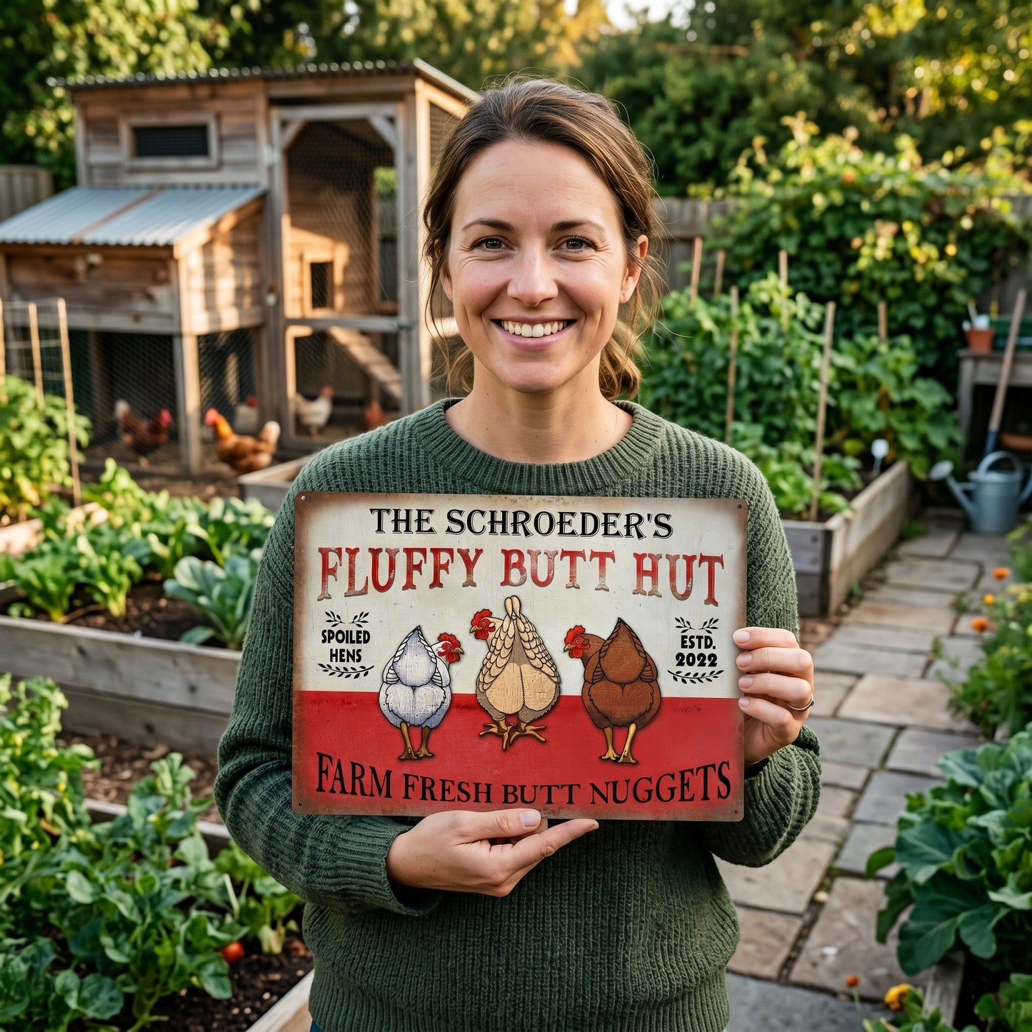 Metal Chicken Coop Sign-Fluffy Butt Hut