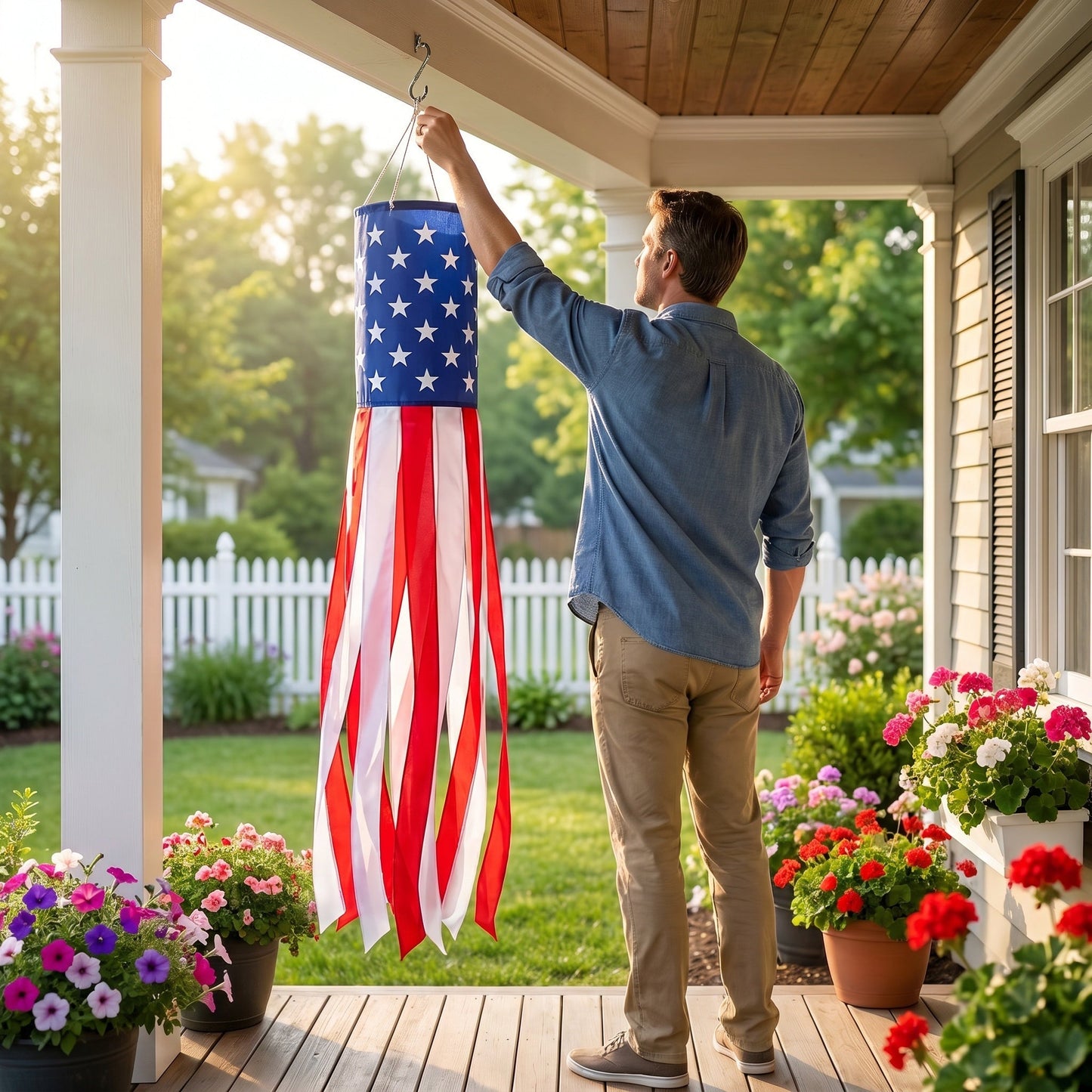 🔥(3 Packs!!!)50 Inch Large American Flag Windsocks with Red White Blue Lights