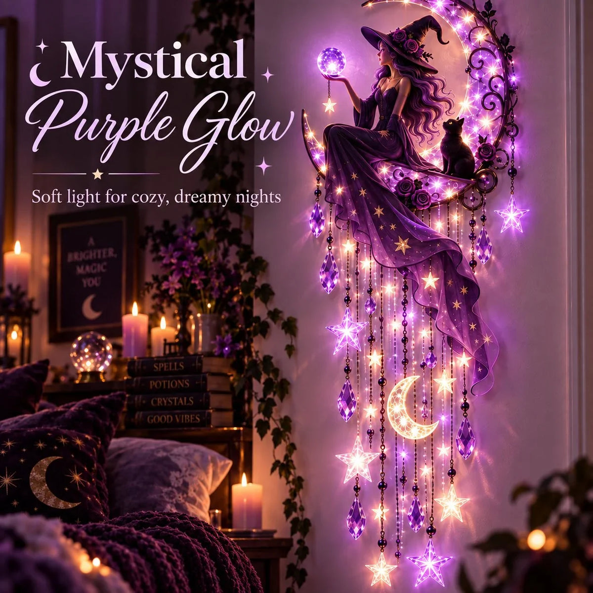 Mystical purple Witch Moon Starfall Wall Light