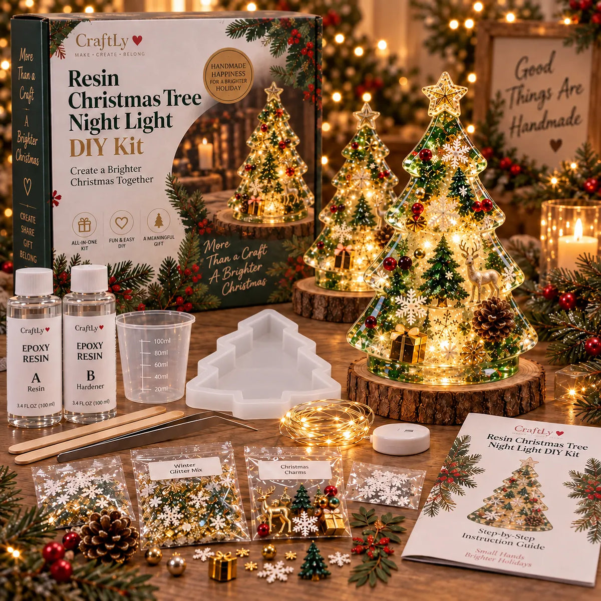 🔥hot Sale🔥🎄beginner-friendly Resin Christmas Tree Night Light Diy Kit | Complete Kit With Mold, Resin, Fairy Lights & Festive Decorations ✨