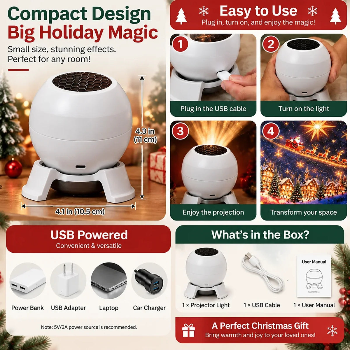 🔥LAST DAY 49% OFF -🎄 Magical Christmas Projection Night Light – Transform Any Room Into A Holiday Wonderland