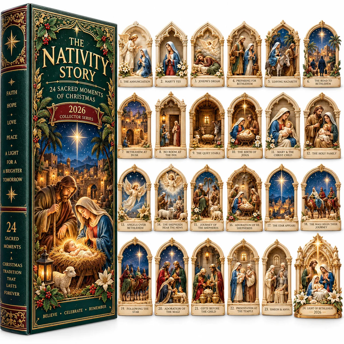 Nativity Story 2026 – 24 Sacred Moments Of Christmas Countdown Calendar With 24 Unique Nativity Miniatures, Christian Christmas Collectible Gift