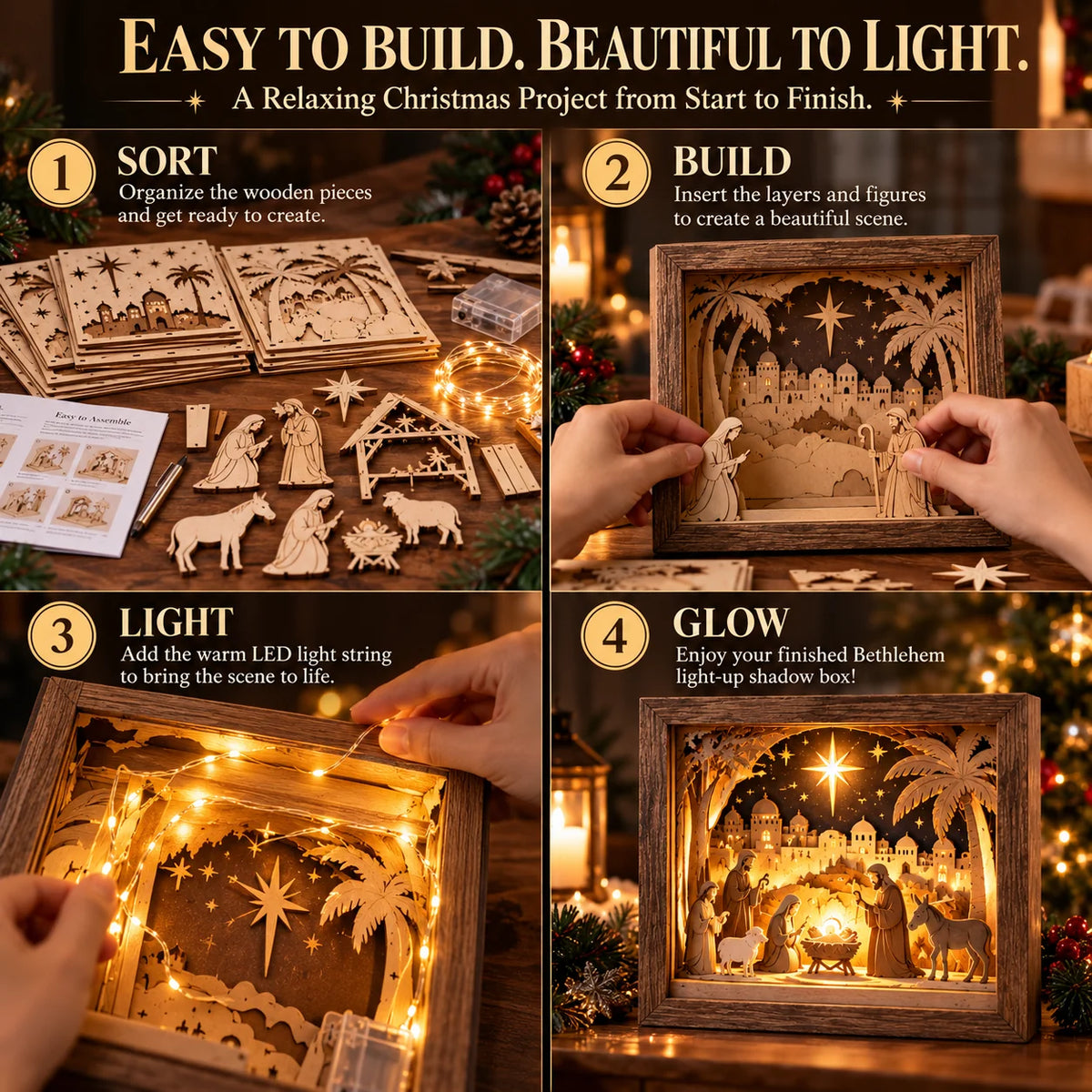 ⭐ Bethlehem Light-up Nativity Shadow Box Diy Kit – Layered Wooden Christmas Craft