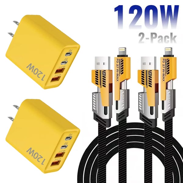 ⚡Buy 1 Get 1 Free（2 Pcs）🔥Portable Fast Charger, Type C/USB A Dual Ports Adapter,4 in 1 Fast Charging Cable & Data Sync