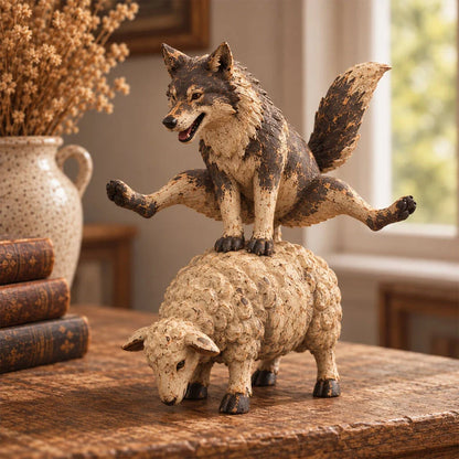 🐺funny Wolf Riding A Sheep Figurine🐑 | Rustic Farmhouse Animal Statue