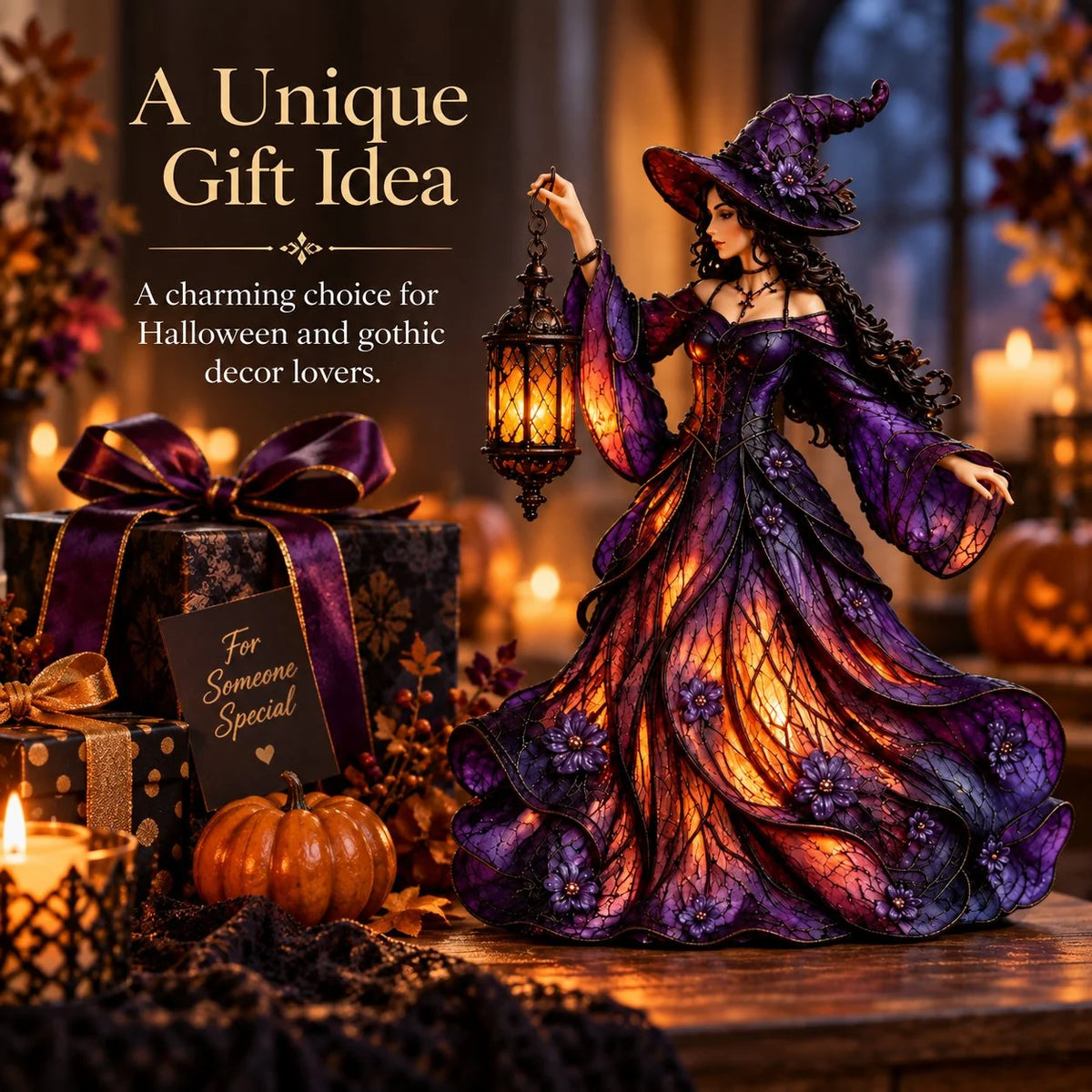 🧙‍♀️ Gotische Halloween-Hexenfigur mit LED-Laterne🎁