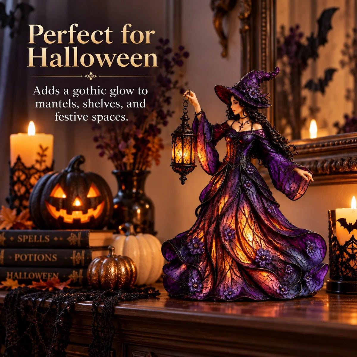 🧙‍♀️ Gotische Halloween-Hexenfigur mit LED-Laterne🎁