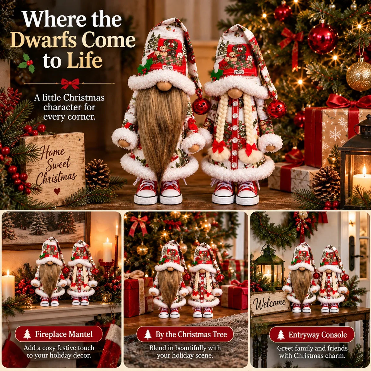 🎄 Festive Dwarf Couple Long Beard & Braided Hair Christmas Figurines