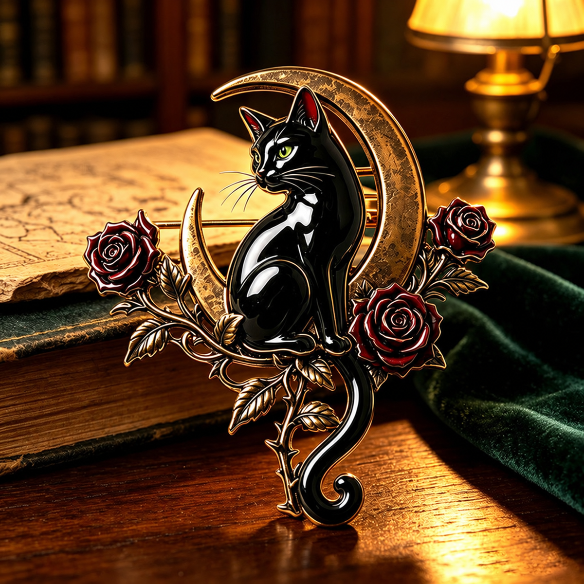 🖤🌙Black Cat & Crescent Moon Rose Brooch🐈‍⬛🌹