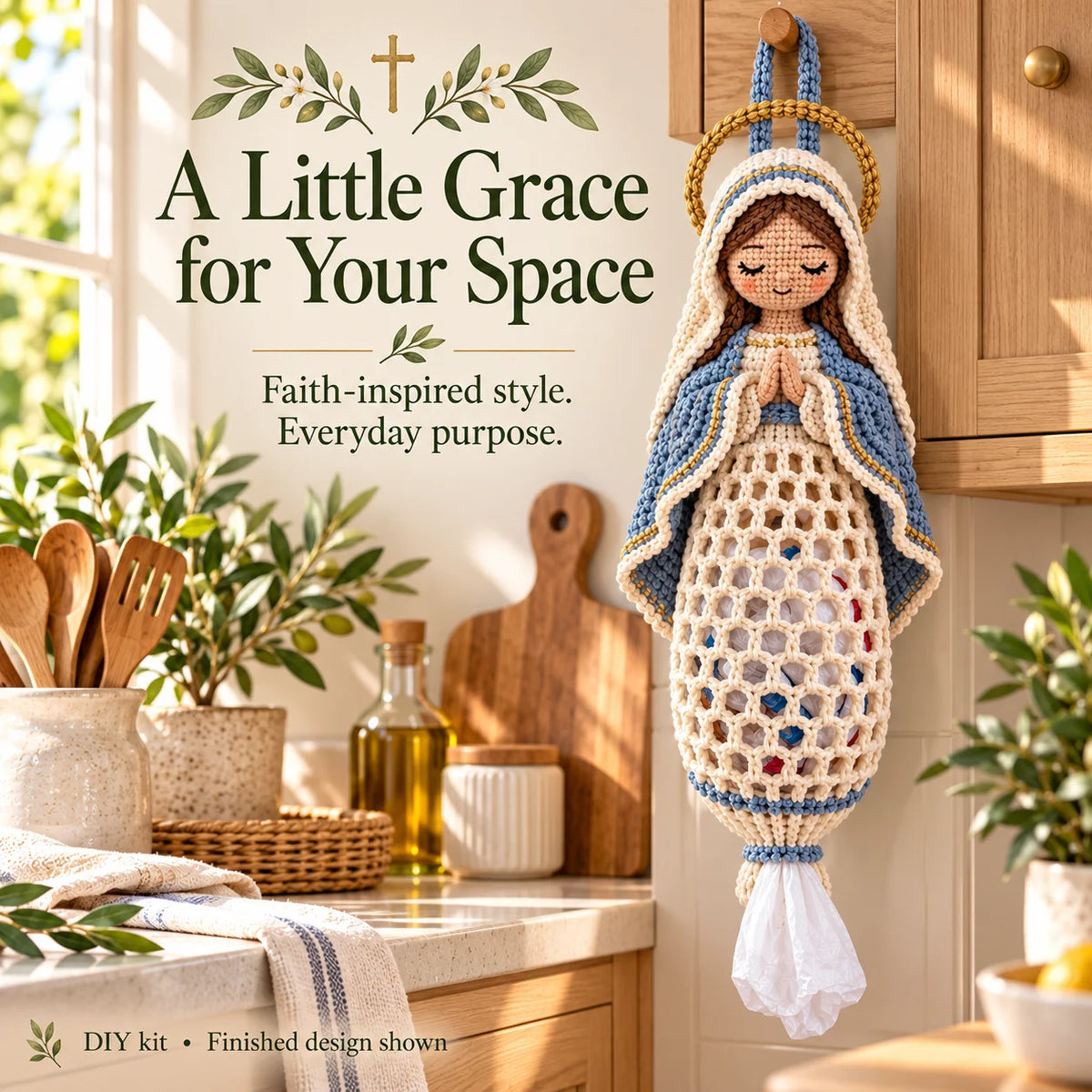 ✝️ Faith & Grace™ Christian Crochet Bag Holder Diy Kit – Hanging Grocery Bag Organizer & Meaningful Craft Gift