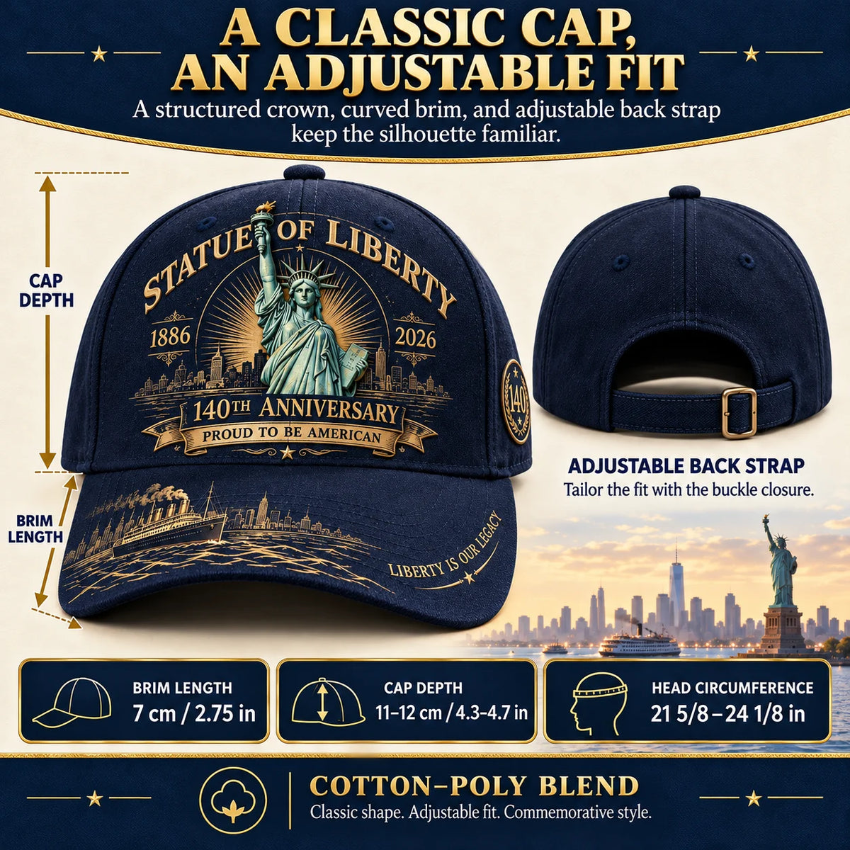 💝last Day 49% Off - 🗽 Statue Of Liberty 140th Anniversary 1886–2026 – Premium Embroidered Heritage Cap | Cotton-poly Blend • Detailed Embroidery • Adjustable Fit 🇺🇸