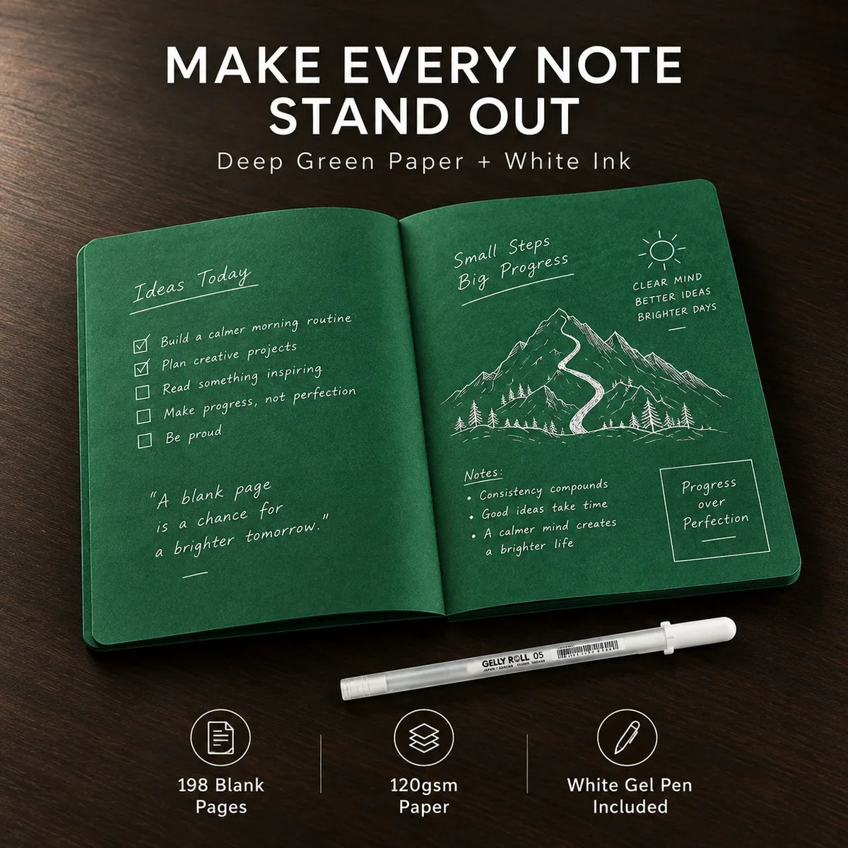 Deep Green Blank Notebook With White Gel Pen | Aesthetic Writing & Sketch Journal