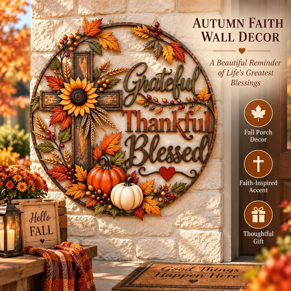 🍂 Grateful • Thankful • Blessed Fall Faith Wall Decor ✝️🌻