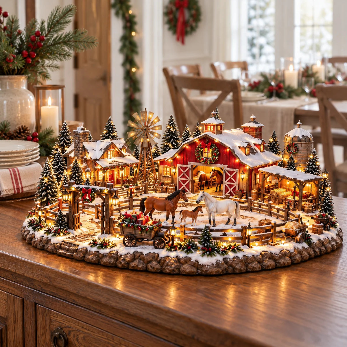 🐴🎄 Christmas Horse Stable Village – Lighted Equestrian Holiday Scene