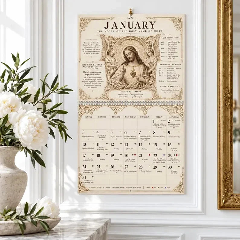 ✝️✨ 2027 Catholic Liturgical Wall Calendar – Gothic Sacred Art & Saints