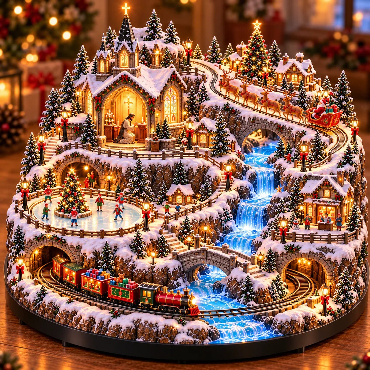 ✨🔥 LAST DAY 49% OFF 🔥 Lighted Animated Christmas Village with Train, Reindeer Sleigh & Waterfall