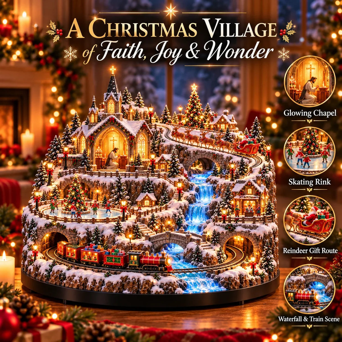 ✨🔥 LAST DAY 49% OFF 🔥 Lighted Animated Christmas Village with Train, Reindeer Sleigh & Waterfall