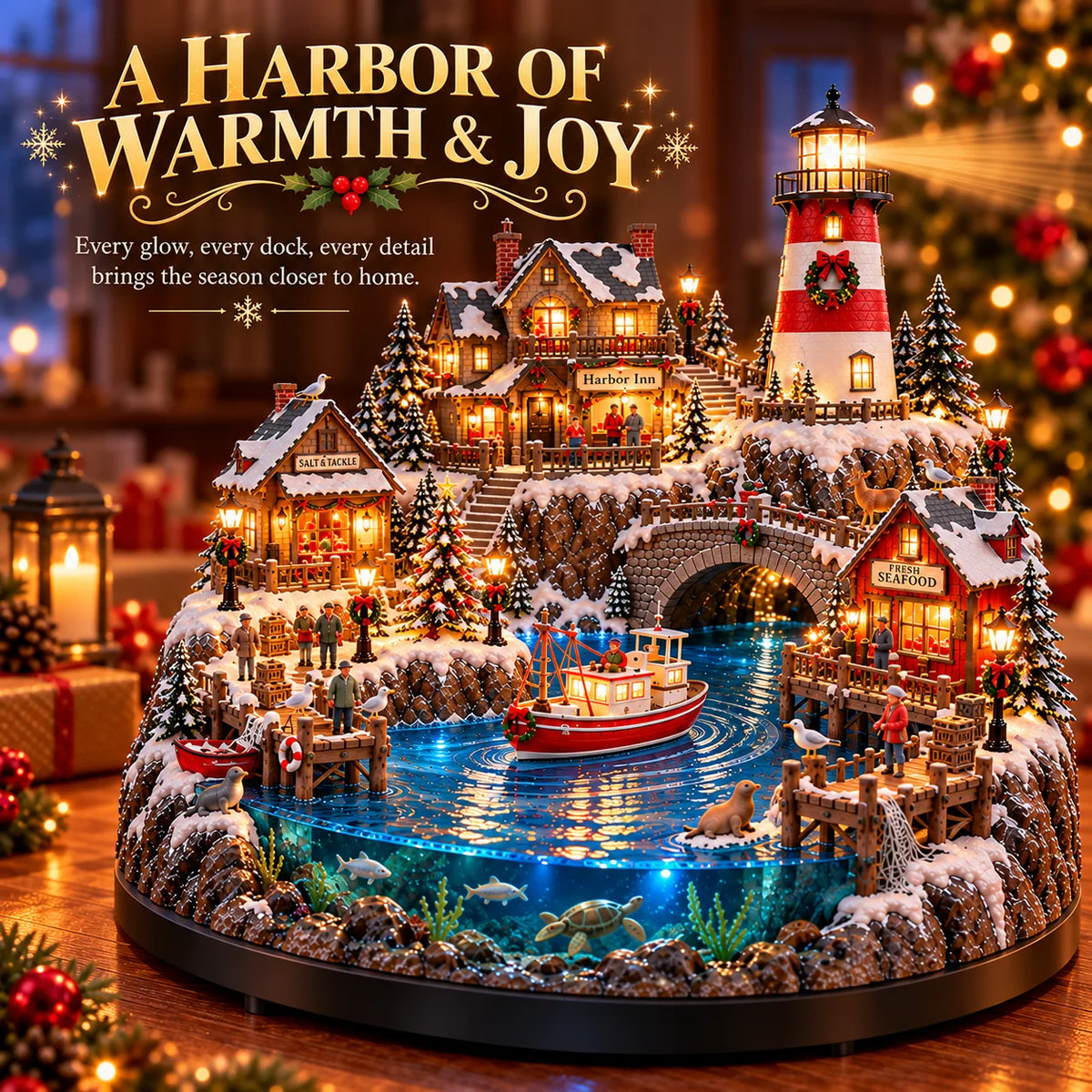 🔥 LAST DAY 50% OFF 🔥 Harborlight Christmas™ — Lighted Coastal Village with Lighthouse, Fishing Boat & Underwater Scene ✨