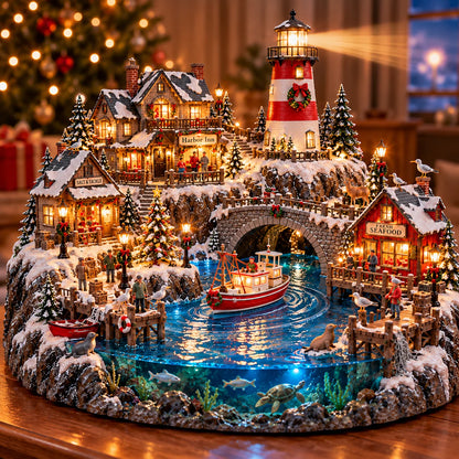🔥 LAST DAY 50% OFF 🔥 Harborlight Christmas™ — Lighted Coastal Village with Lighthouse, Fishing Boat & Underwater Scene ✨