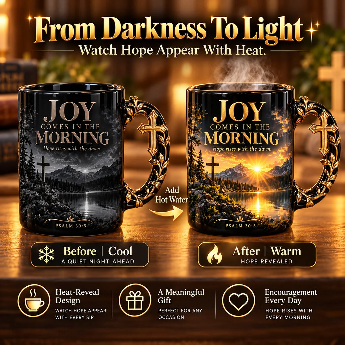 ☀️✝️Joy Comes in the Morning Heat-Reveal Ceramic Faith Mug🙏Inspirational Christian Coffee Cup