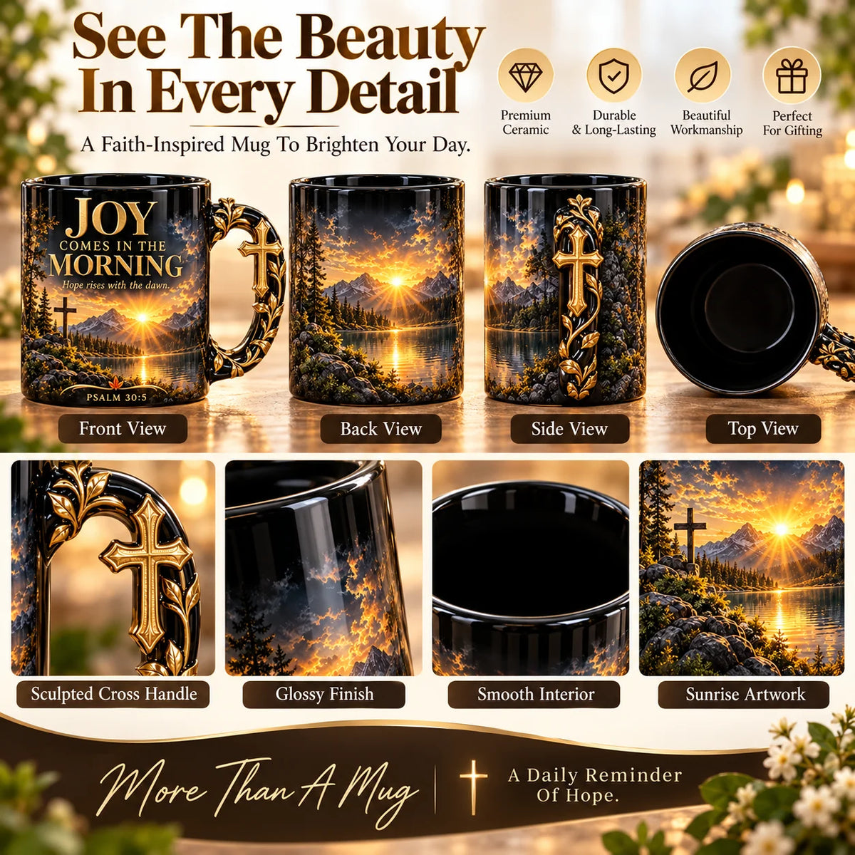 ☀️✝️Joy Comes in the Morning Heat-Reveal Ceramic Faith Mug🙏Inspirational Christian Coffee Cup
