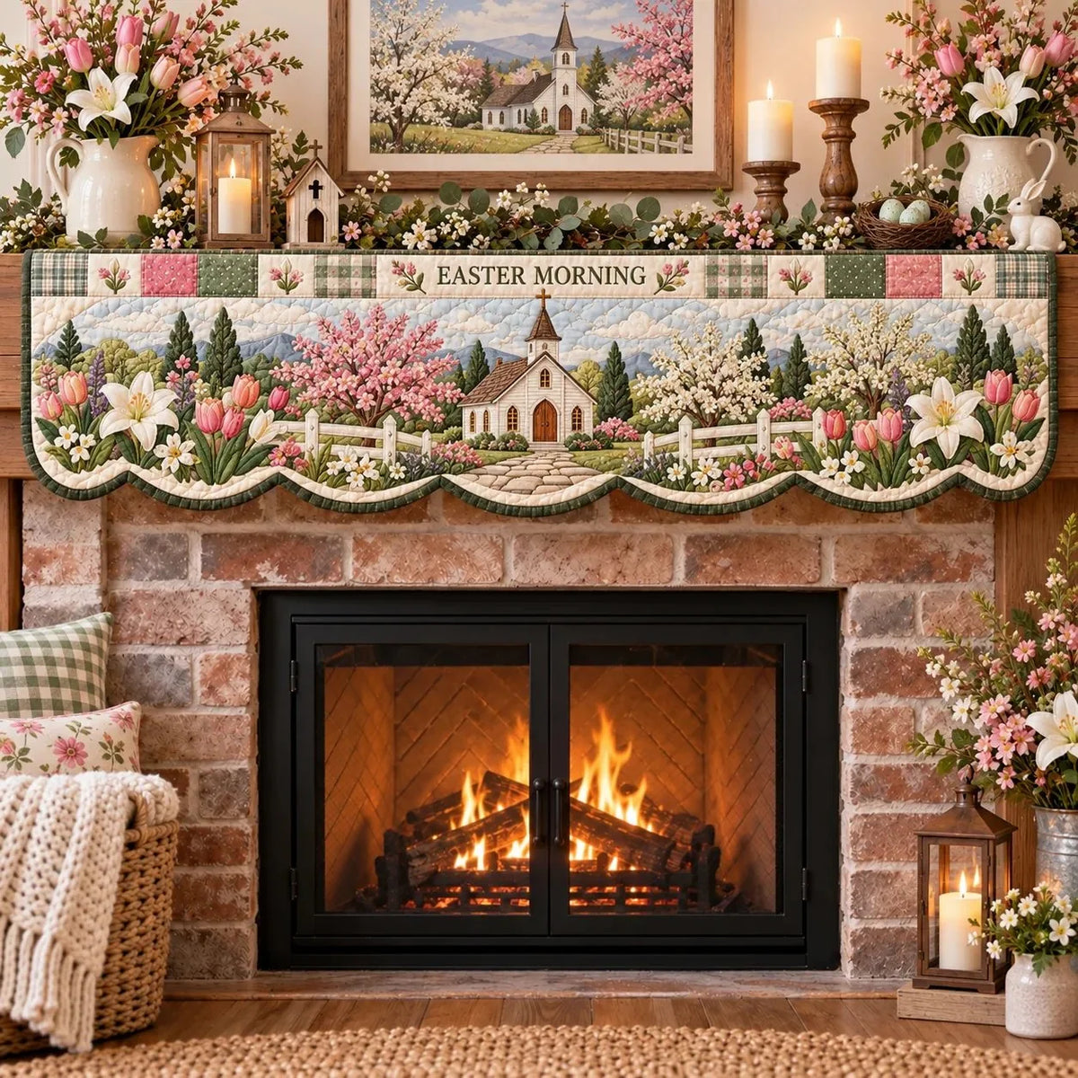 🍀Last Day 49% OFF – ✝️ Easter Faith Quilted Mantel Scarf | Patchwork Christian Fireplace Décor for Spring & Easter 🌷