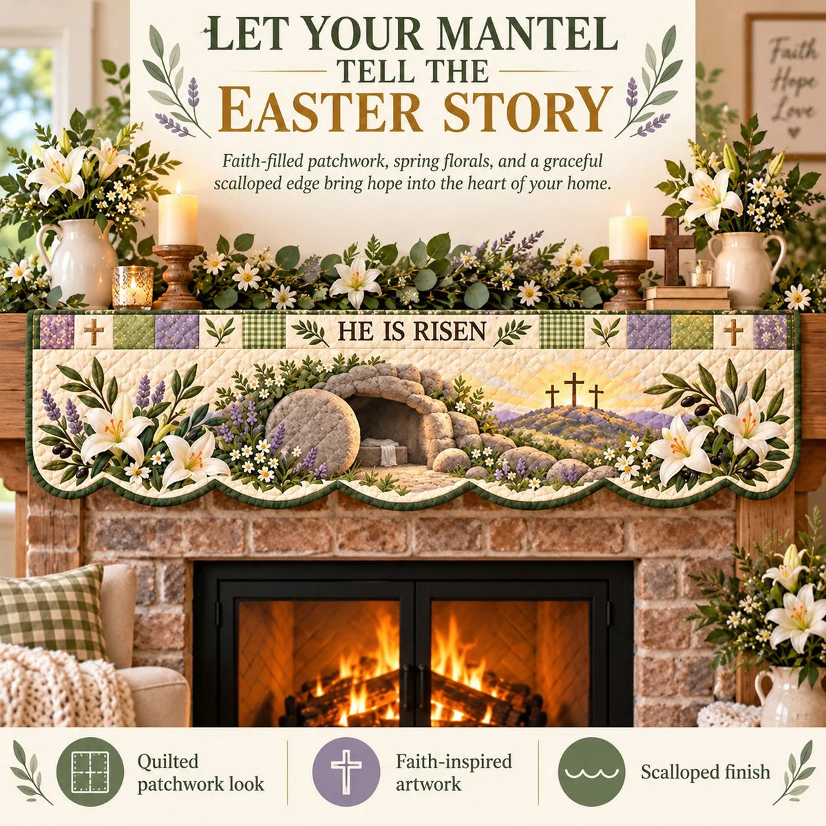 🍀Last Day 49% OFF – ✝️ Easter Faith Quilted Mantel Scarf | Patchwork Christian Fireplace Décor for Spring & Easter 🌷