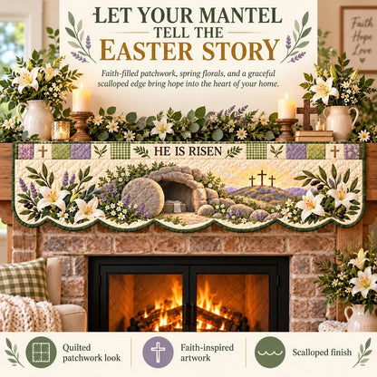 🍀Last Day 49% OFF – ✝️ Easter Faith Quilted Mantel Scarf | Patchwork Christian Fireplace Décor for Spring & Easter 🌷