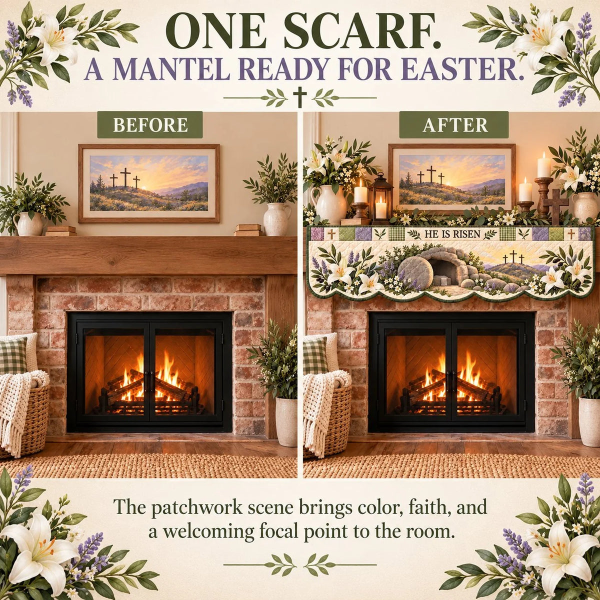 🍀Last Day 49% OFF – ✝️ Easter Faith Quilted Mantel Scarf | Patchwork Christian Fireplace Décor for Spring & Easter 🌷
