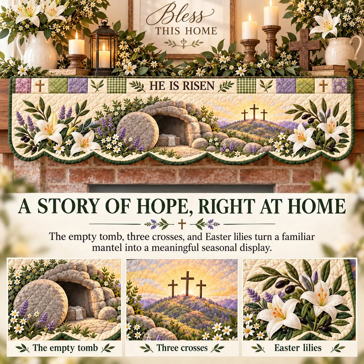 🍀Last Day 49% OFF – ✝️ Easter Faith Quilted Mantel Scarf | Patchwork Christian Fireplace Décor for Spring & Easter 🌷