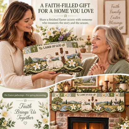 🍀Last Day 49% OFF – ✝️ Easter Faith Quilted Mantel Scarf | Patchwork Christian Fireplace Décor for Spring & Easter 🌷