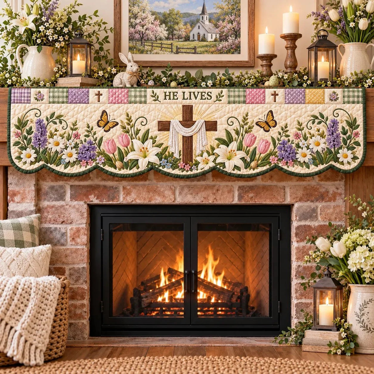 🍀Last Day 49% OFF – ✝️ Easter Faith Quilted Mantel Scarf | Patchwork Christian Fireplace Décor for Spring & Easter 🌷