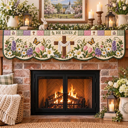 🍀Last Day 49% OFF – ✝️ Easter Faith Quilted Mantel Scarf | Patchwork Christian Fireplace Décor for Spring & Easter 🌷