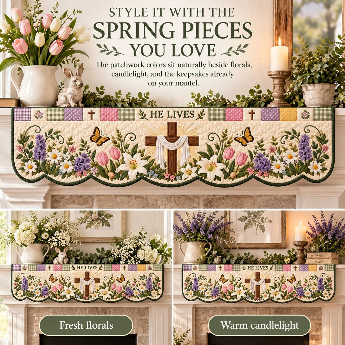 🍀Last Day 49% OFF – ✝️ Easter Faith Quilted Mantel Scarf | Patchwork Christian Fireplace Décor for Spring & Easter 🌷