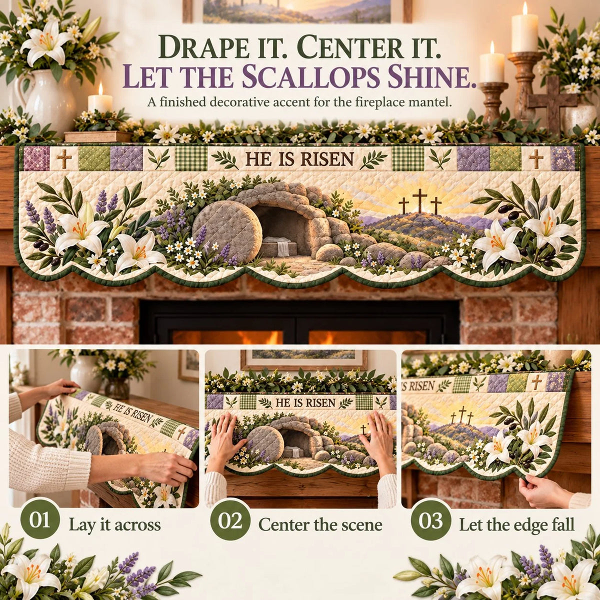 🍀Last Day 49% OFF – ✝️ Easter Faith Quilted Mantel Scarf | Patchwork Christian Fireplace Décor for Spring & Easter 🌷