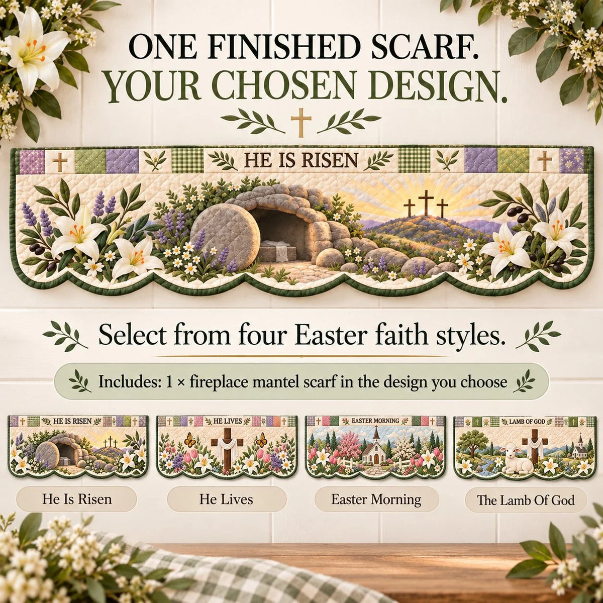 🍀Last Day 49% OFF – ✝️ Easter Faith Quilted Mantel Scarf | Patchwork Christian Fireplace Décor for Spring & Easter 🌷