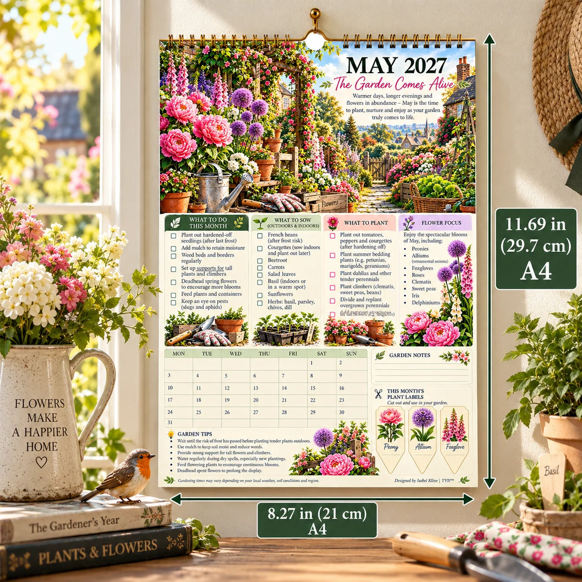 2027 Four Seasons Gardening Calendar & Monthly Planner – A4 Wall Calendar with Planting Guide, Garden Tasks & Plant Labels|DAILYARDPLUS™