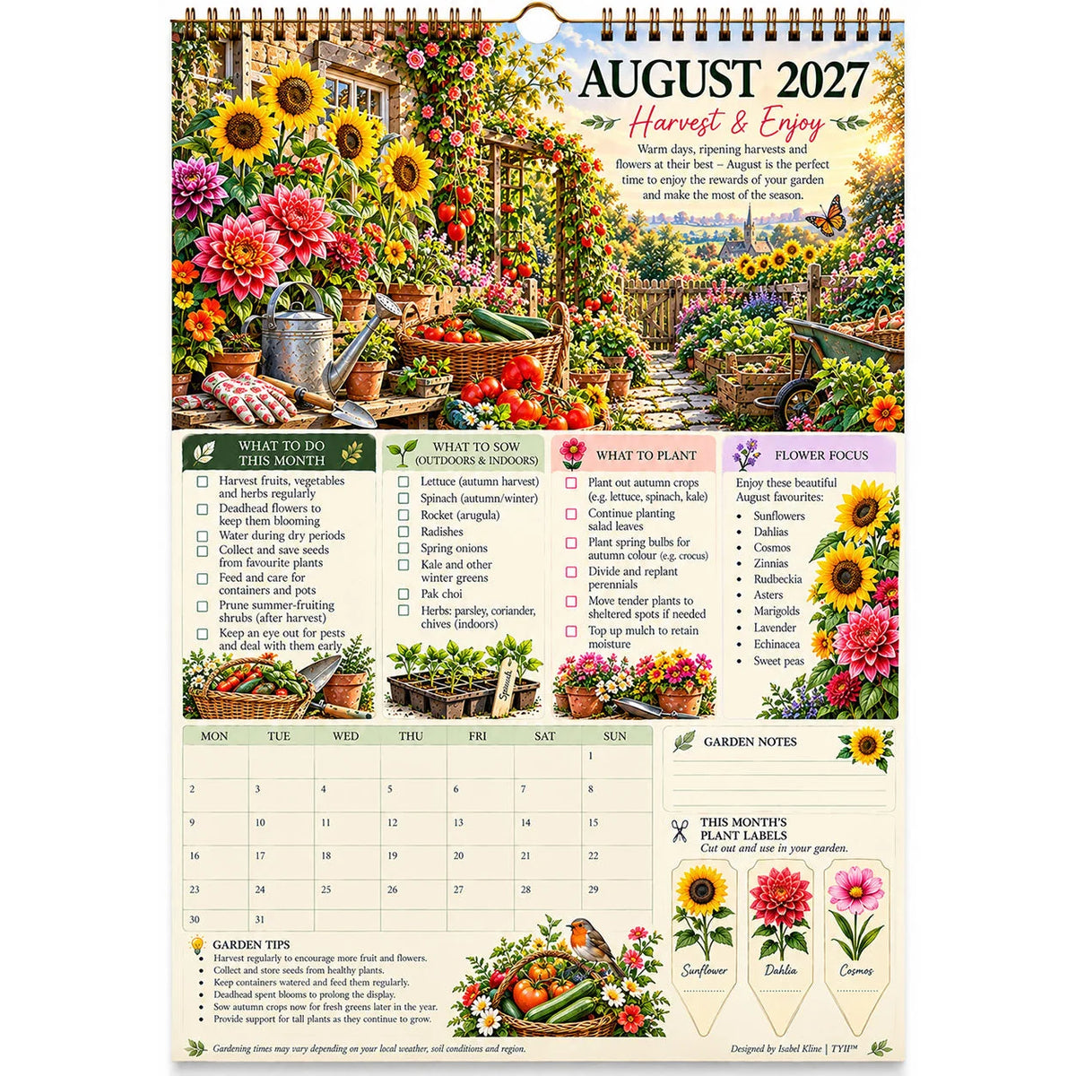🌸2027 Four Seasons Gardening Calendar & Monthly Planner – A4 Wall Calendar with Planting Guide, Garden Tasks & Plant Labels