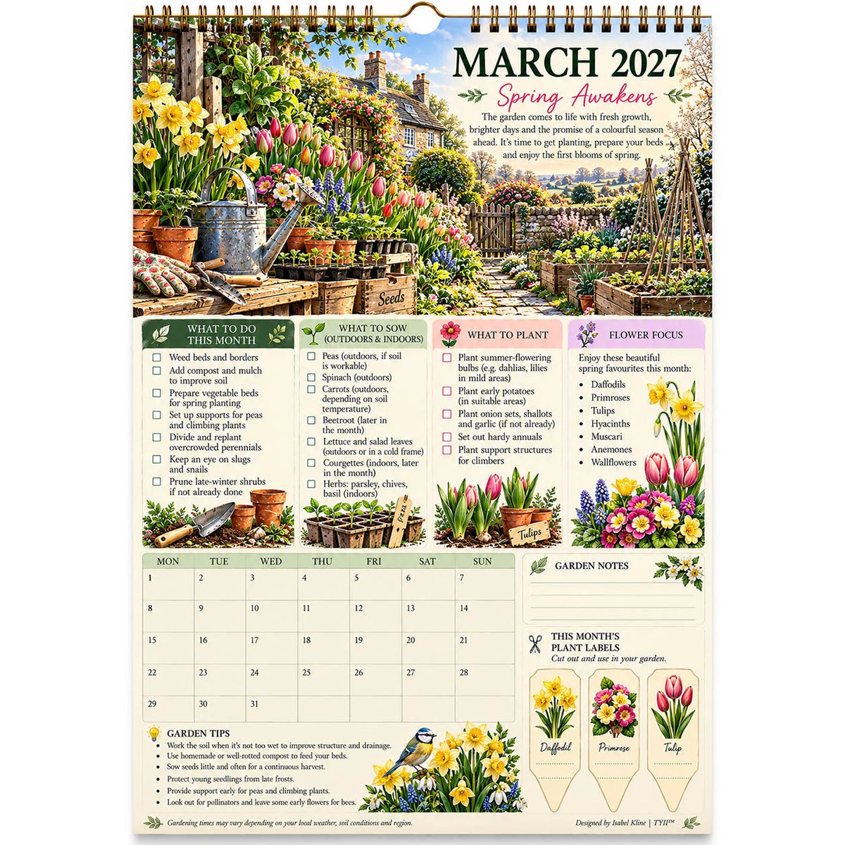 2027 Four Seasons Gardening Calendar & Monthly Planner – A4 Wall Calendar with Planting Guide, Garden Tasks & Plant Labels|DAILYARDPLUS™
