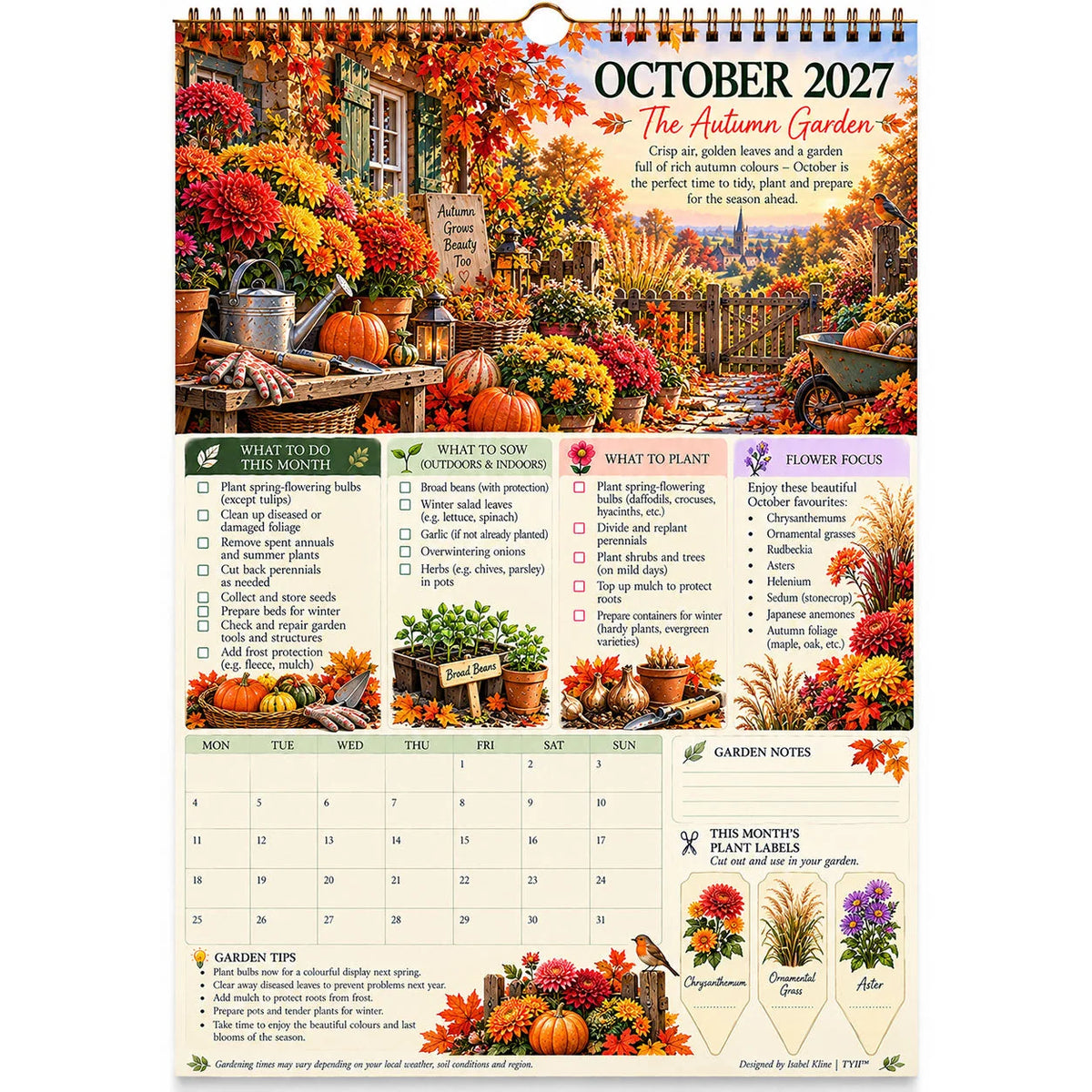 🌸2027 Four Seasons Gardening Calendar & Monthly Planner – A4 Wall Calendar with Planting Guide, Garden Tasks & Plant Labels