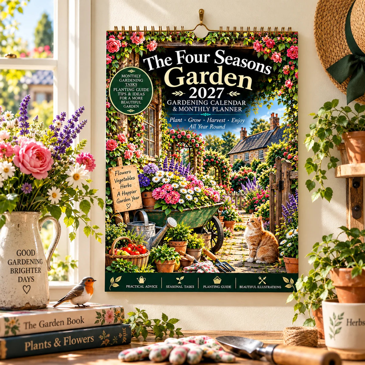 🌸2027 Four Seasons Gardening Calendar & Monthly Planner – A4 Wall Calendar with Planting Guide, Garden Tasks & Plant Labels