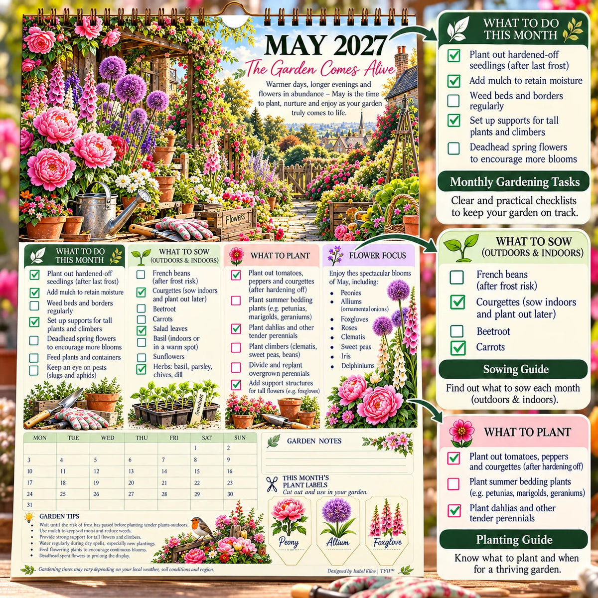 2027 Four Seasons Gardening Calendar & Monthly Planner – A4 Wall Calendar with Planting Guide, Garden Tasks & Plant Labels|DAILYARDPLUS™