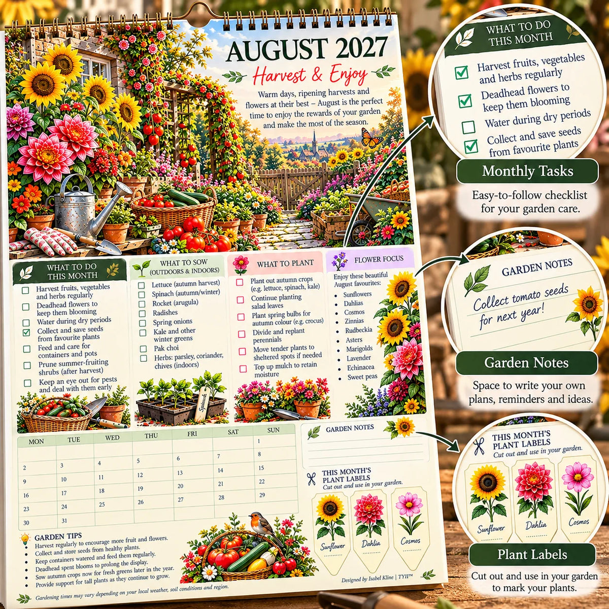 2027 Four Seasons Gardening Calendar & Monthly Planner – A4 Wall Calendar with Planting Guide, Garden Tasks & Plant Labels|DAILYARDPLUS™