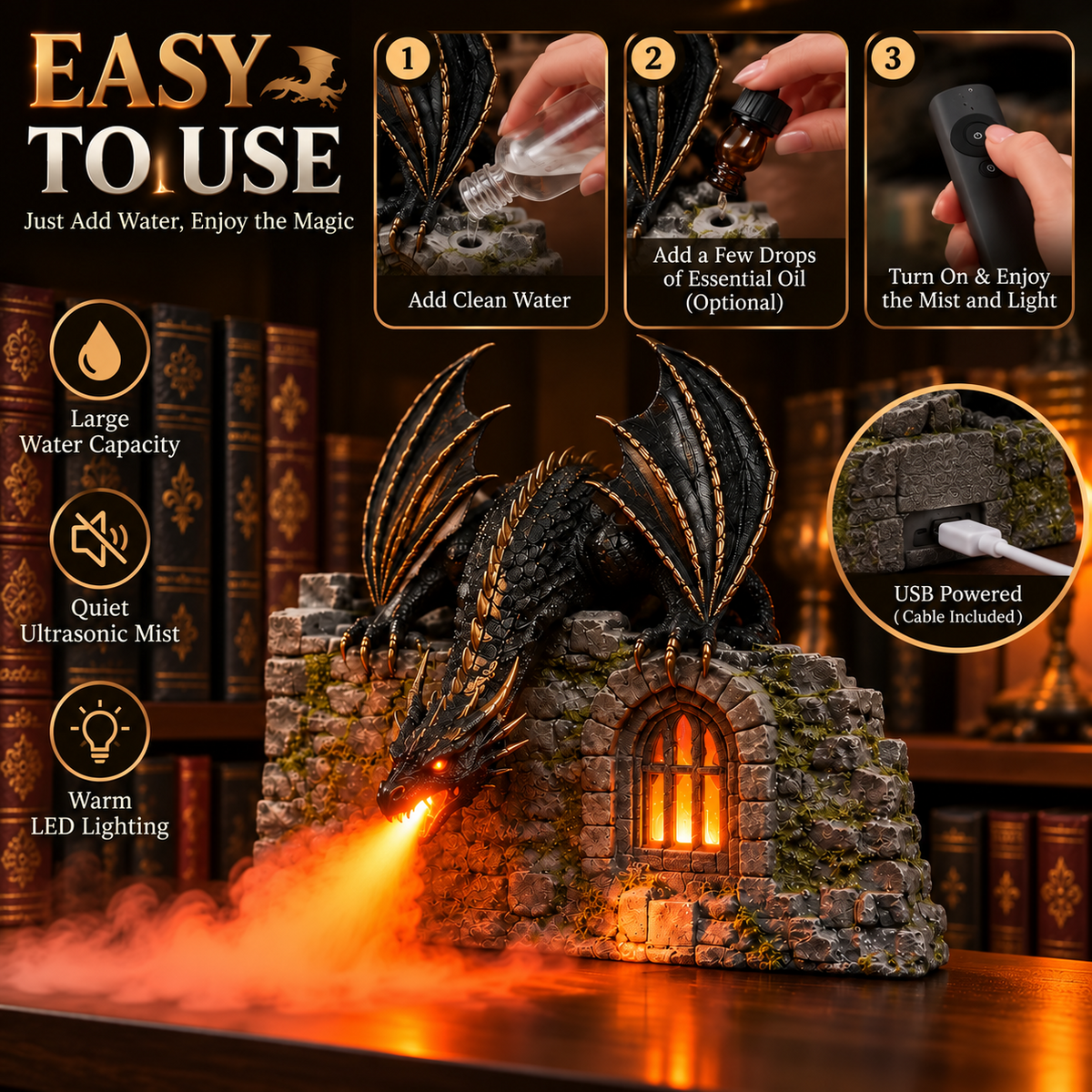 Dragon Humidifier with Flame Effect – A Touch of Fantasy Magic for Your Reading Nook